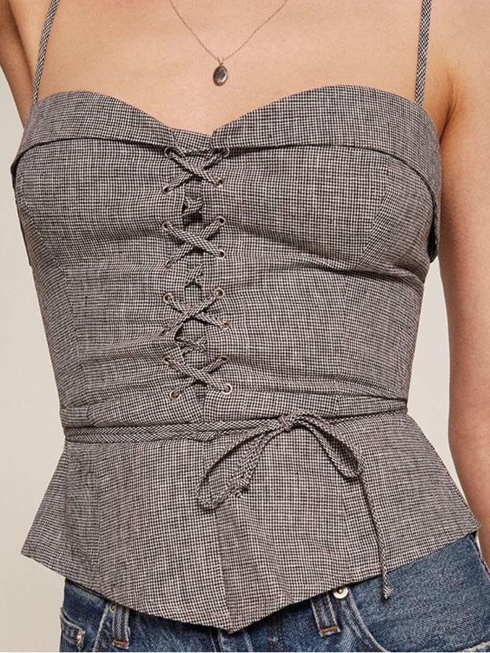Reformation Black and White Checked Lace-Up Corset Tank